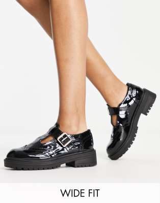 Schuh Wide Fit Luca T-bar Chunky Shoes In Black Patent