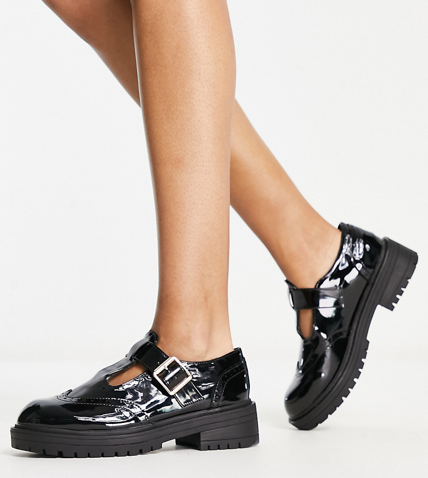 Wide Fit Luca t-bar chunky shoes in black patent