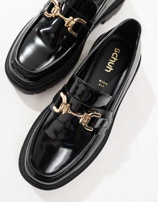 Schuh Wide Fit Black Patent Loafers Schuh Wide Fit Lumina Chunky