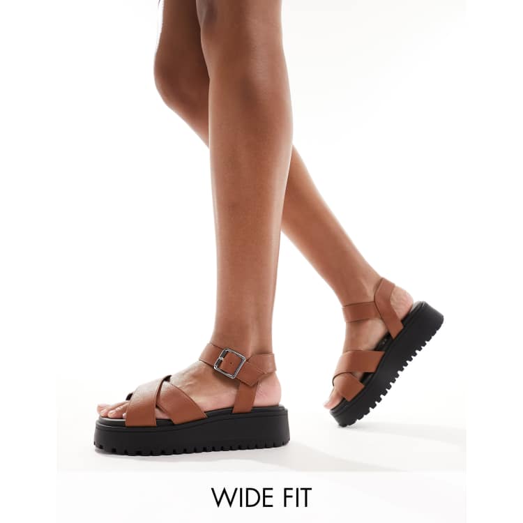 schuh Wide Fit Tera cross strap sandals in tan | ASOS