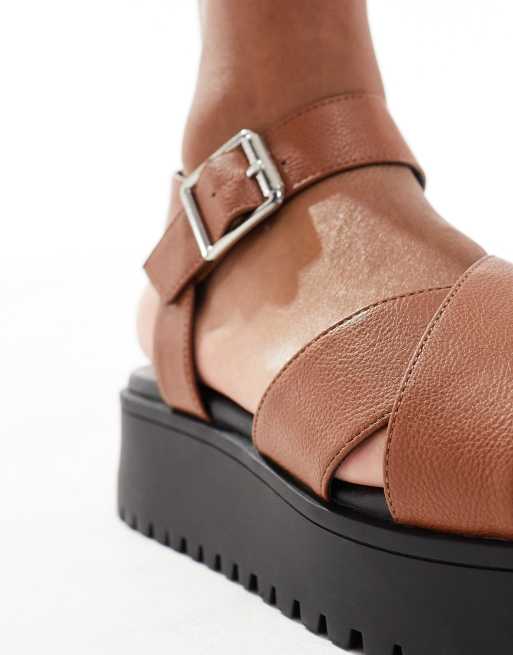 schuh Wide Fit Tera cross strap sandals in tan | ASOS