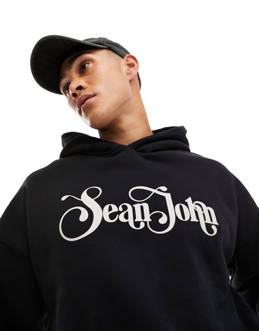 Sean John - Felpa nera con cappuccio e logo rétro stampato