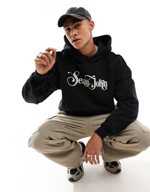 Sean John - Retro hoodie zonder sluiting in zwart met logoprint, 4 van 4