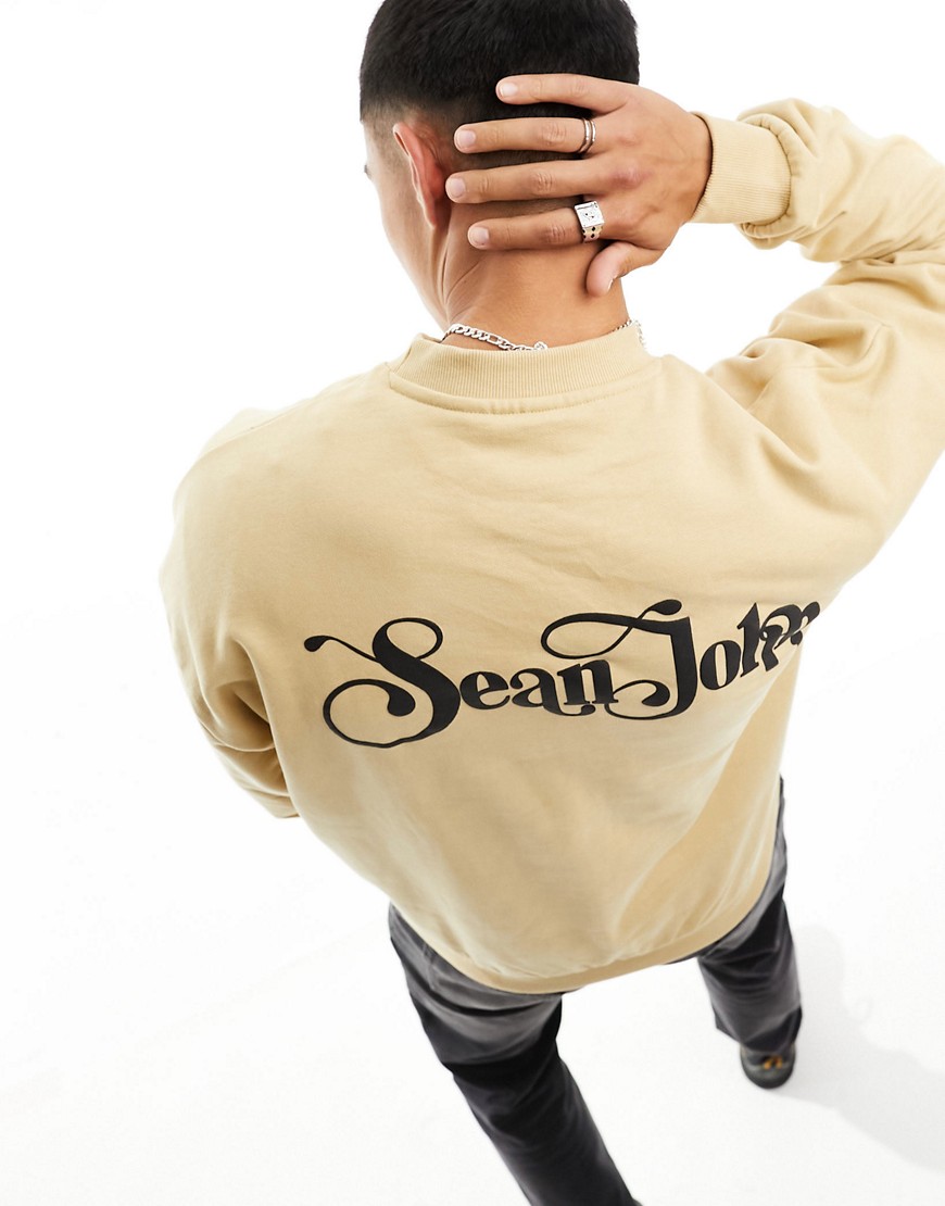 Sean John retro sweatshirt in beige with chest and back script print-Neutral