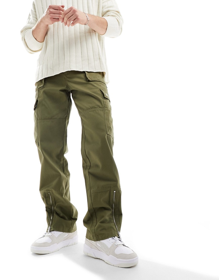 Sean John script logo wide leg cargo trousers in khaki with front hem split-Green