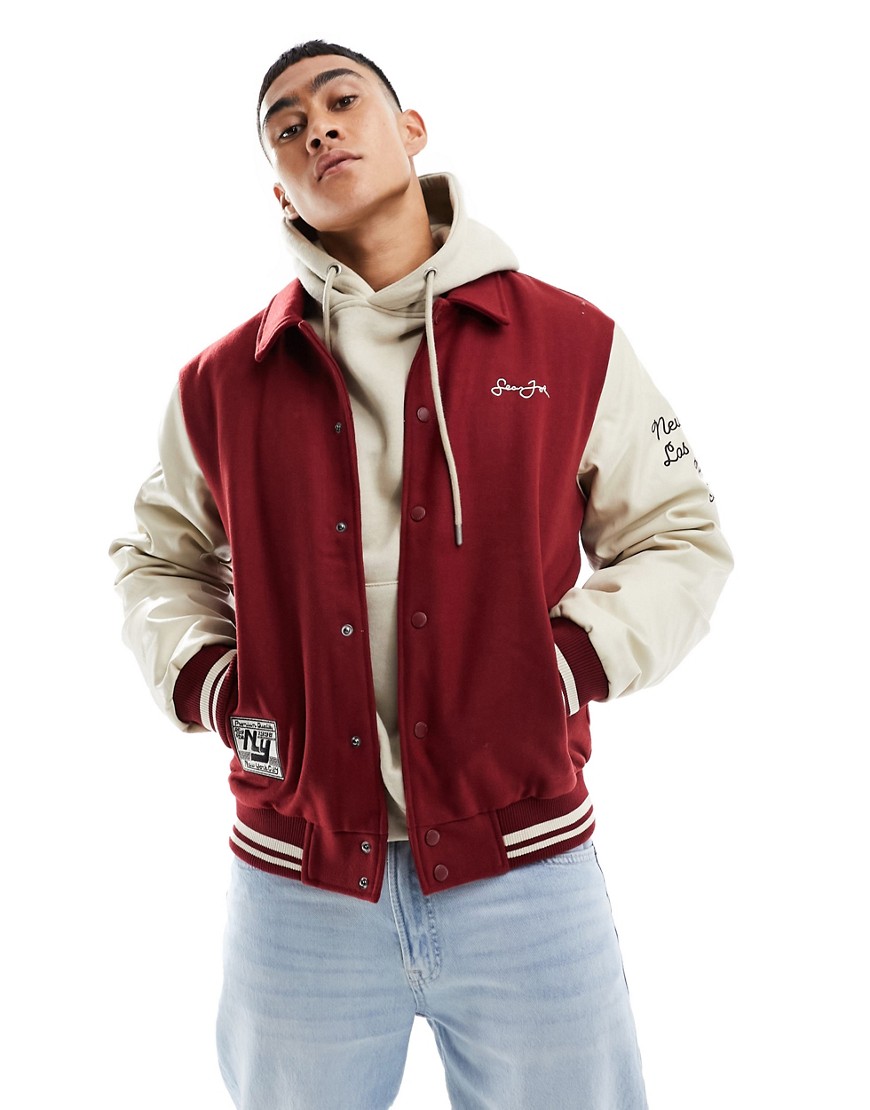 Sean John script varsity bomber jacket in red and off white with retro car embroidery
