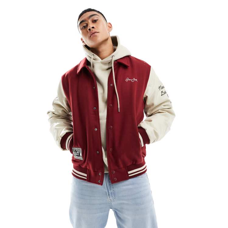 Sean John script varsity bomber jacket in red and off white with retro