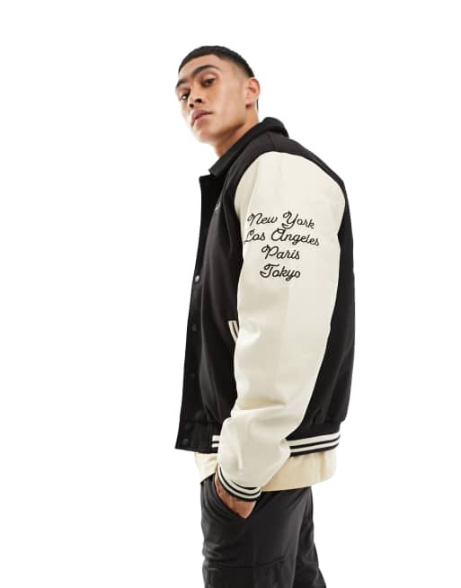 Sean John - Sort og råhvid bomber-jakke med college-skrift og broderi med retrobil