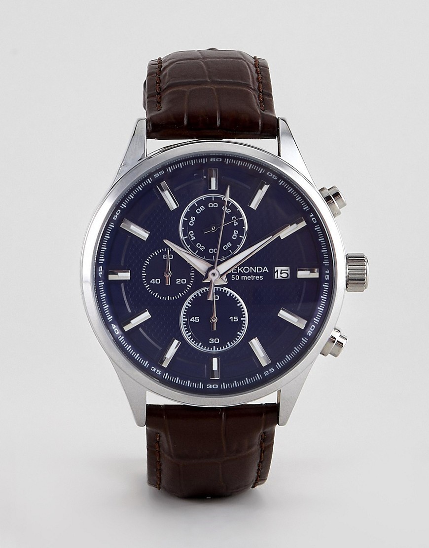Sekonda - 1186 chronograaf horloge met blauwe wijzerplaat en bruin leren bandje