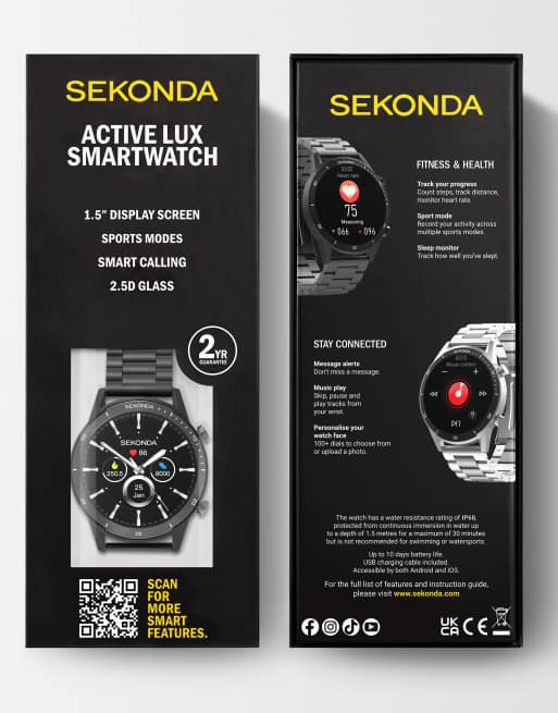 Sekonda Active lux 45mm unisex round black smartwatch with black bracelet in black, 7 of 7