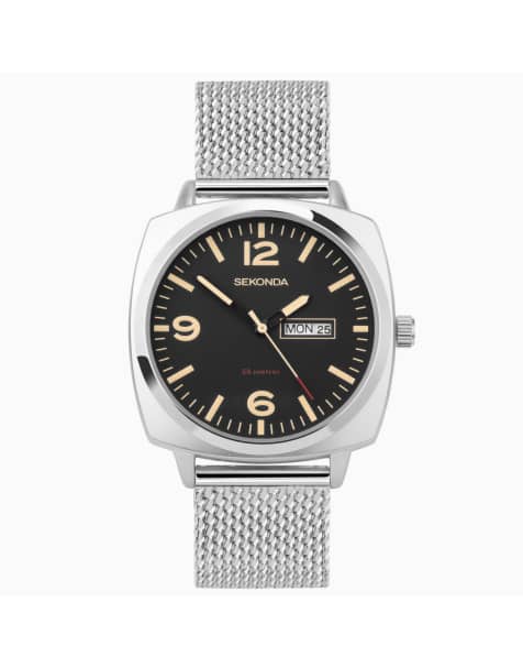 Sekonda – Airborne – Herrenuhr mit schwarzem Zifferblatt mit 43 mm Durchmesser und Edelstahlarmband in Netzoptik - view 1