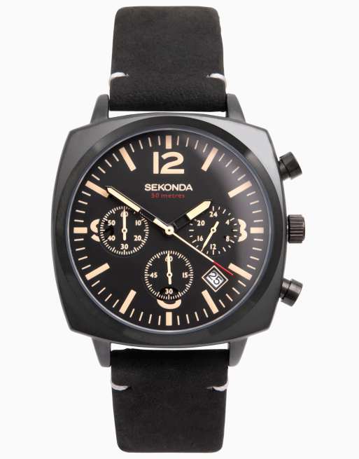 Sekonda – Airborne – Herrenuhr mit schwarzem Zifferblatt mit 43 mm Durchmesser und Lederarmband