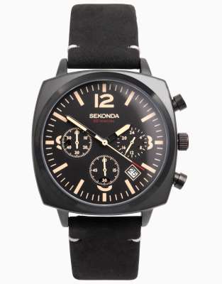 Sekonda - Airborne TV - Orologio Cronografo Da Uomo Da 40 Mm Con Cassa In Lega Nera Cinturino In Pelle E Quadrante Nero