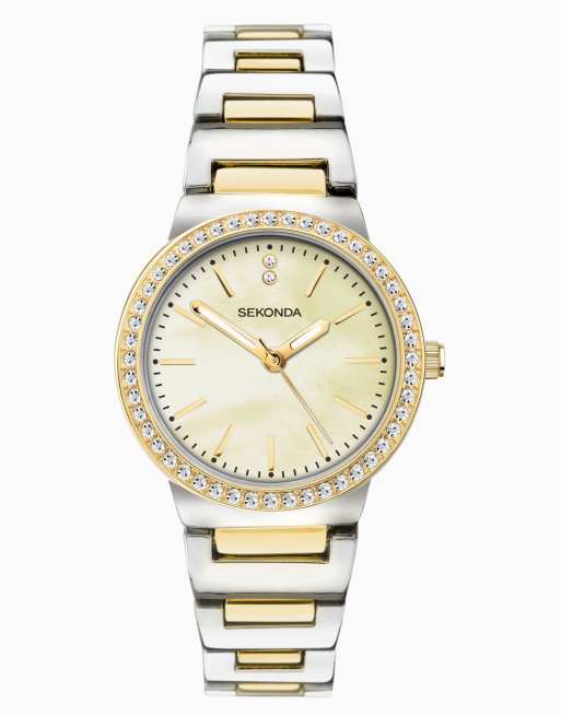 Sekonda – Amelia – Damenuhr mit Zifferblatt in Blassgoldoptik mit 30 mm Durchmesser und legiertem Armband mit halbem Armreif-Design