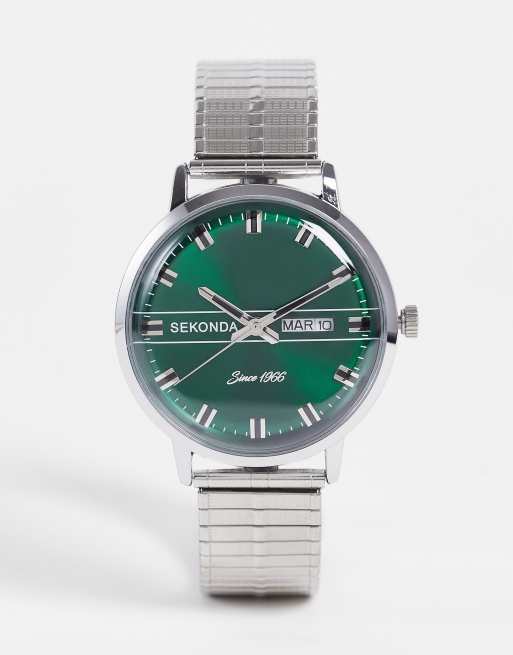 Sekonda - Armbandhorloge met groene wijzerplaat in zilver
