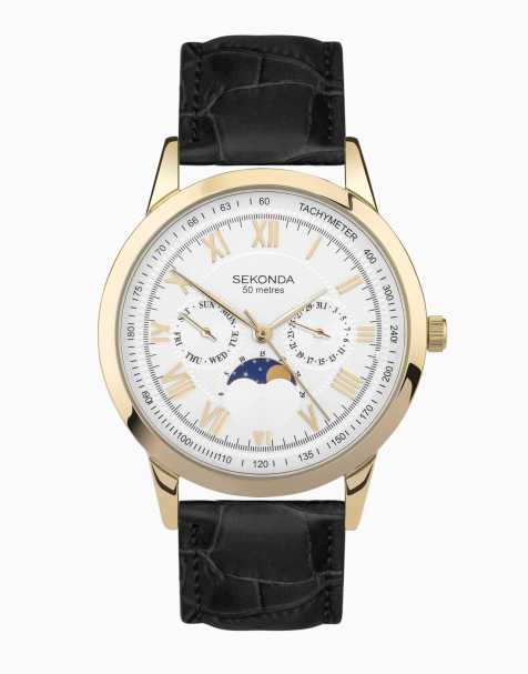 Sekonda Armstrong 40mm Moon Phase Mens Watch  Gold Alloy Case & Black Leather Strap with Silver Dial - view 1