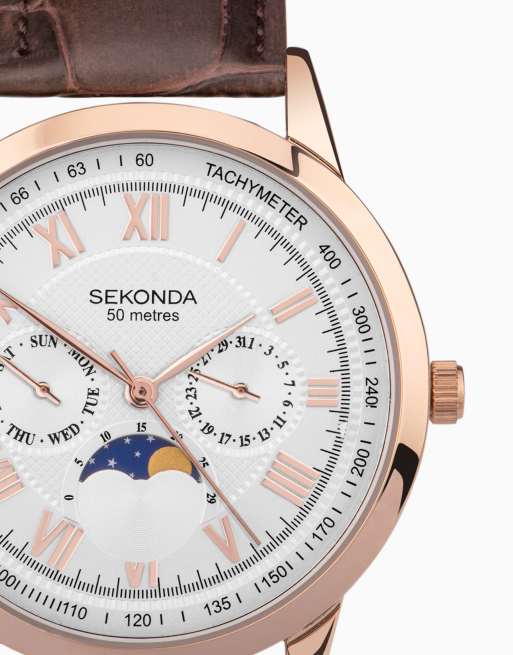 Sekonda Armstrong 40mm Moon Phase Mens Watch Rose Gold Alloy Case & Brown Leather Strap with Silver Dial, 4 of 4