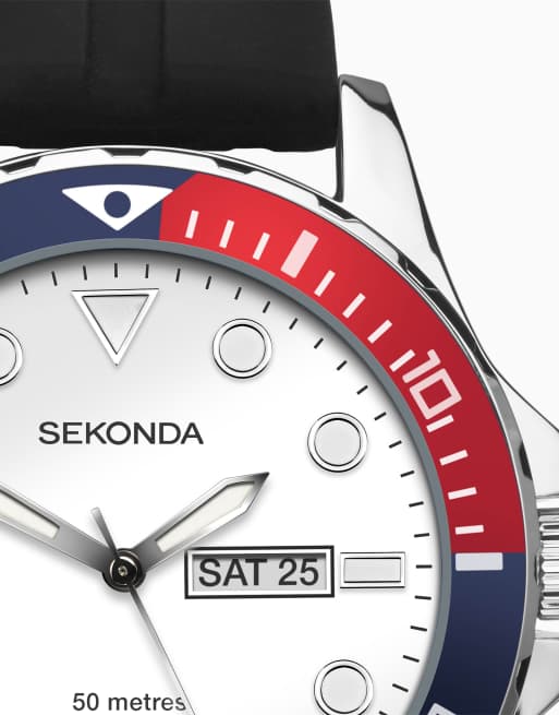 Sekonda Balearic 44mm mens round silver analogue watch with black strap in black, 4 of 6