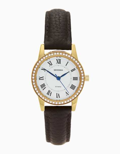Sekonda Beaumont 28mm womens round gold analogue watch with brown strap in brown - view 1