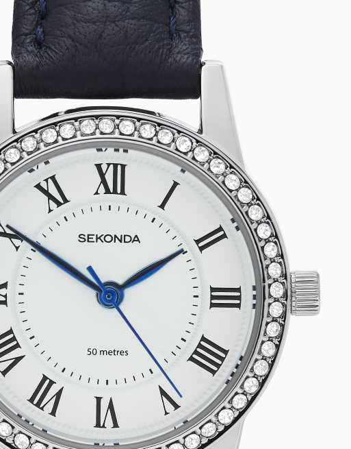 Sekonda Beaumont 28mm womens round silver analogue watch with blue strap in blue, 4 of 6