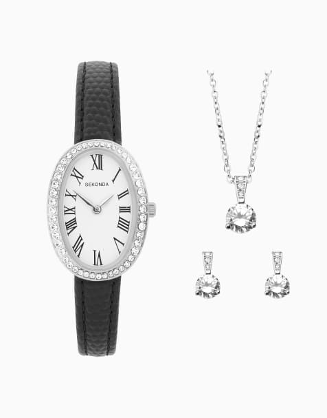 Sekonda Bellamy 23mm womens oval silver analogue 3 piece gift set with black strap in grey - view 1