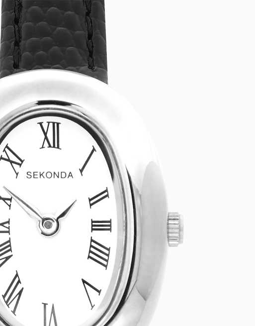 Sekonda Bellamy 23mm womens oval silver analogue watch with black strap in black, 4 of 6