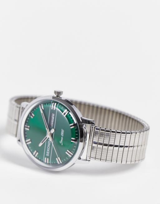 Silver watch with green on sale face