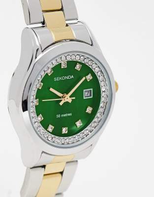 Catherine - Montre analogique à boîtier rond 27 mm en alliage d'argent, cadran vert et bracelet bicolore en acier inoxydable One Size