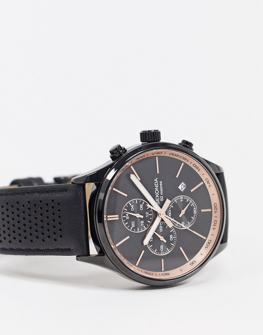 Sekonda - Chronograaf horloge met leren band in zwart