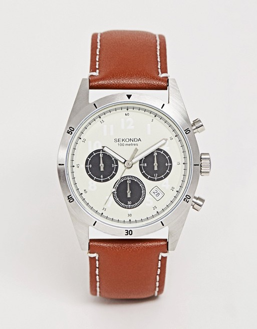 Sekonda chronograph leather watch in brown