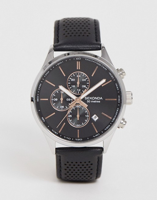 Sekonda chronograph perforated leather watch exclusive to ASOS