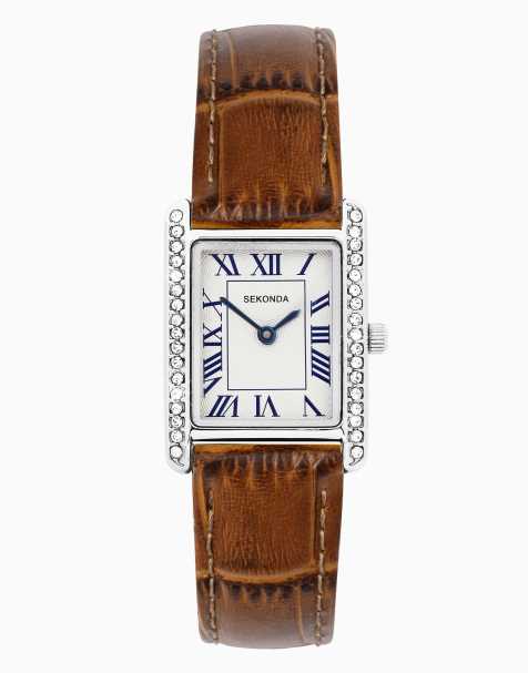 Sekonda Colette 22mm womens rectangular silver analogue watch in brown - view 1