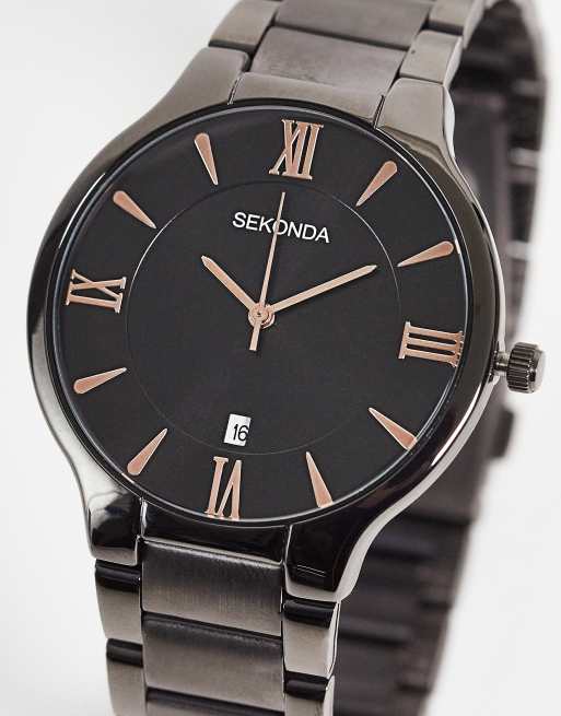 Sekonda – czarny zegarek unisex na bransolecie z brązowymi detalami