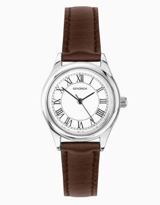 Sekonda evans 25mm round silver watch in brown