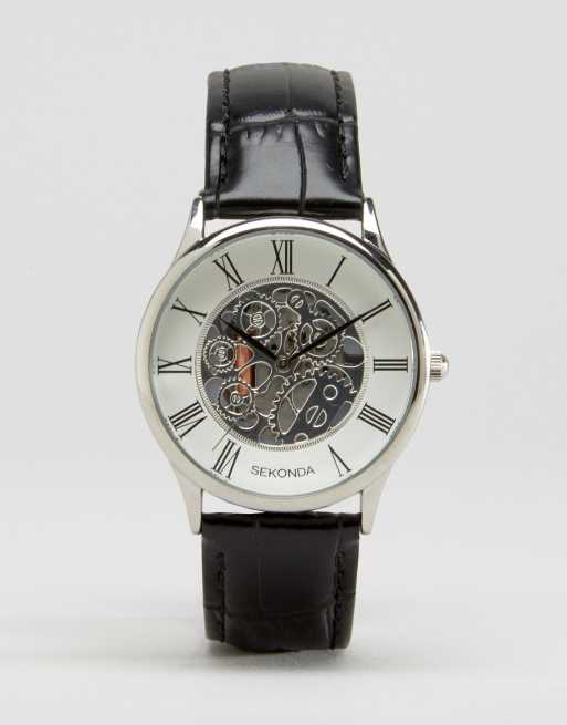 Sekonda Exposed Mechanical Skeleton Leather Watch In Black