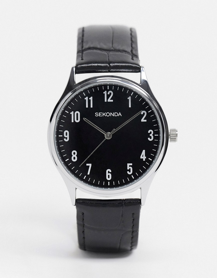 Sekonda - Horloge met leren bandje in zwart met zwarte wijzerplaat