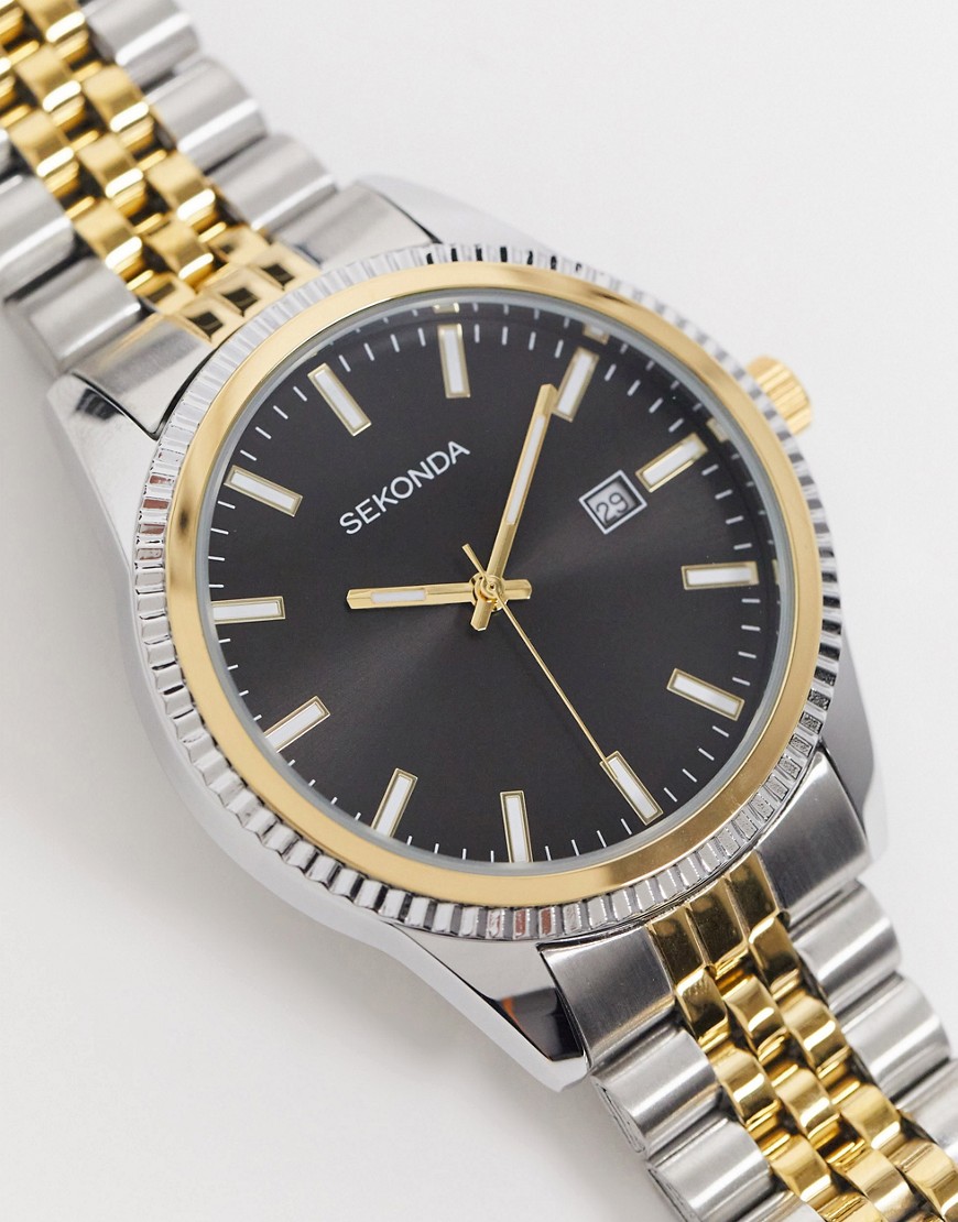 Sekonda - Horloge met schakelband van gemengde metalen met zwarte wijzerplaat-Verschillende kleuren