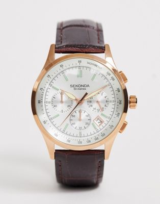 Sekonda - Horloge met wijzerplaat met datum en leren bandje in bruin