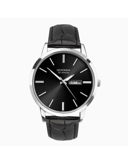 Sekonda – Jackson – Herrenuhr mit schwarzem Zifferblatt mit 43 mm Durchmesser und Lederarmband