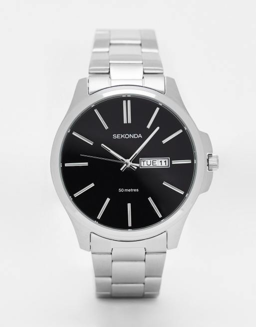 Sekonda Jones 41mm analog watch with silver stainless steel round case, silver stainless steel bracelet and black dial