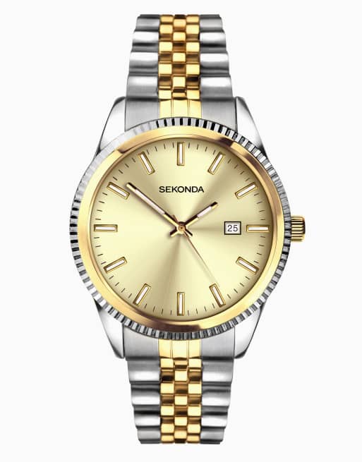 Sekonda - King - Orologio classico da uomo da 40 mm bicolore con cinturino in acciaio inossidabile e quadrante dorato