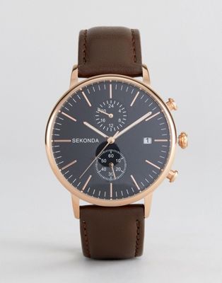 Sekonda Leather Chronograph Watch In Brown/Rose Gold