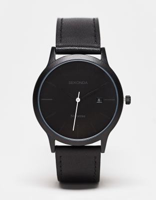 Sekonda Sekonda leather strap watch in black
