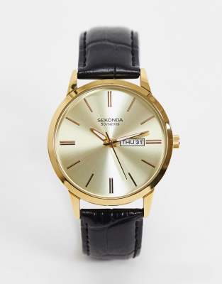 Sekonda Sekonda leather watch in black with gold case and dial