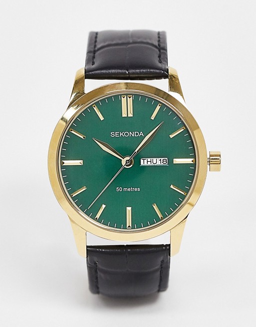 Sekonda leather watch in black with green dial