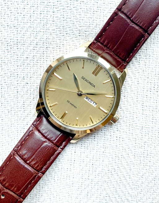 Sekonda leather watch in brown with gold dial