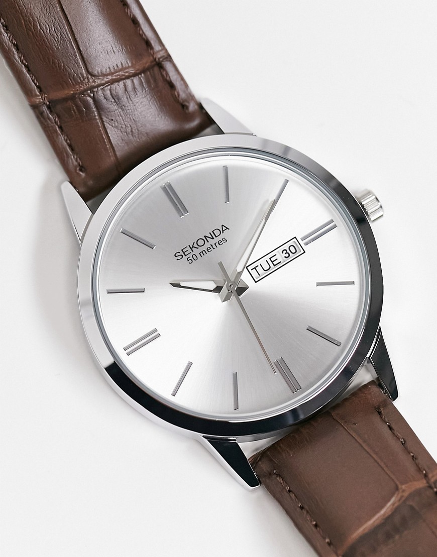 Sekonda leather watch in brown with silver sunray dial