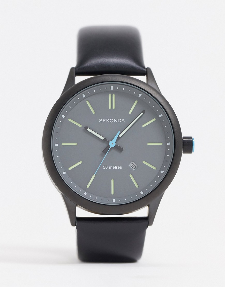 Sekonda - Leren horloge in zwart, exclusief bij Asos