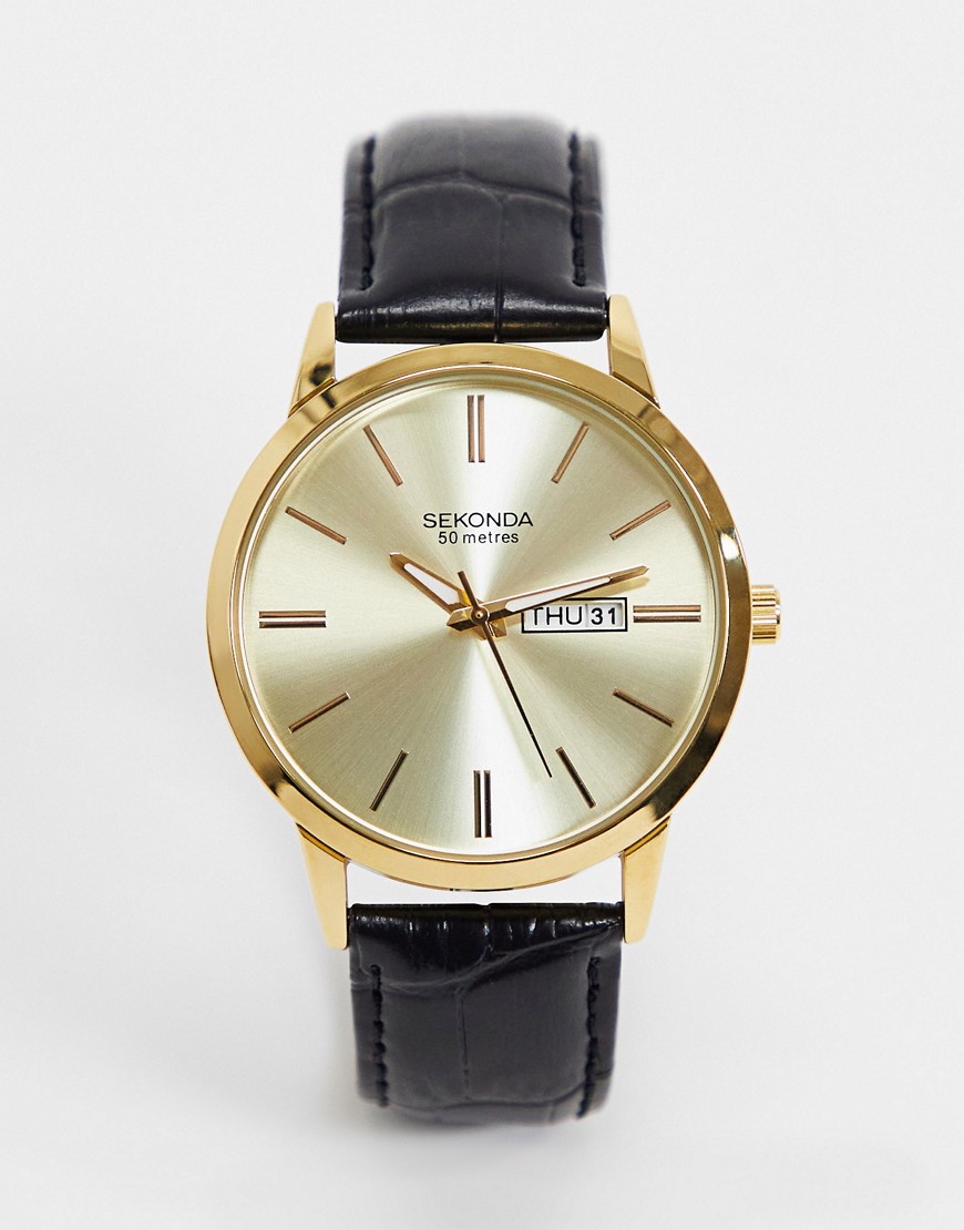 Sekonda - Leren horloge in zwart met gouden klokkastje en wijzerplaat