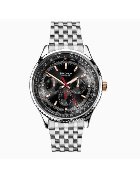 Sekonda – Maverick – Herrenuhr mit schwarzem Zifferblatt mit 45 mm Durchmesser und Edelstahlarmband - view 1